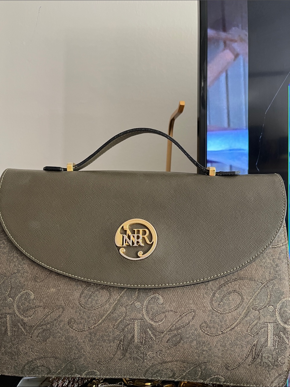 Nina Ricci Gray/green Top-Handle Crossbody Bag with Gold Logo